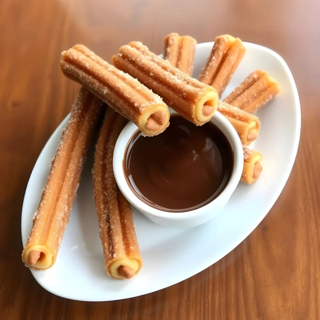 A plate of fresh, golden churros dusted with sugar, arranged around a white ramekin filled with thick chocolate dipping sauce.